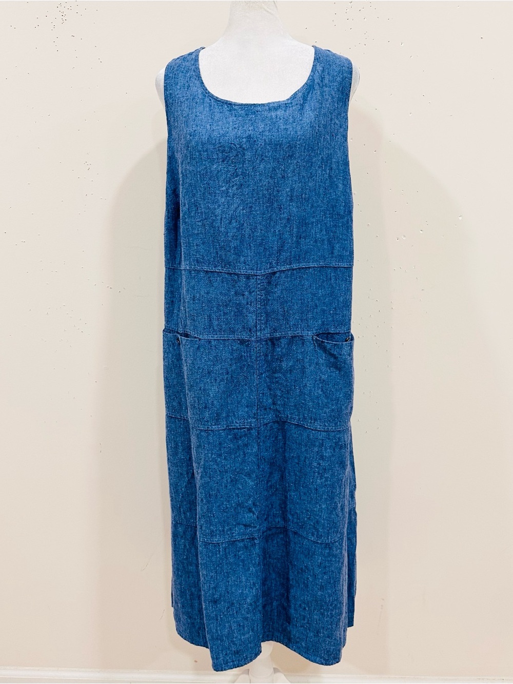 Pure J. Jill 100% Linen Maxi Dress XL Blue Sleeveless Lagenlook Pocket Shift